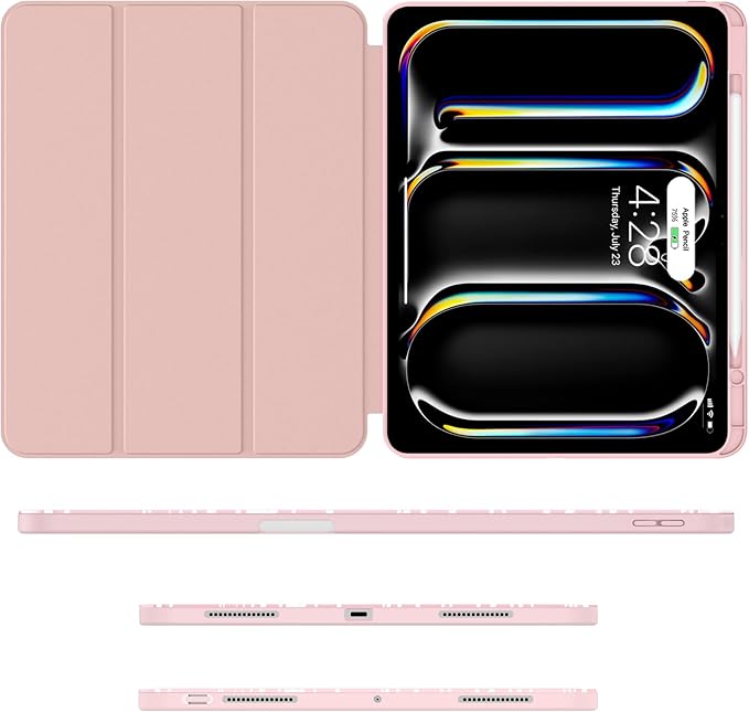 Soke Case for New iPad Pro 13 Inch (M5/M4 2025/2024 Release) with Pencil Holder Trifold Stand Shockproof [Support Apple Pencil Charging + Auto Wake/Sleep] Soft TPU Back Cover Book Pink