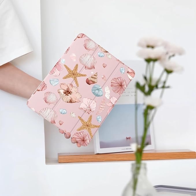Cute Sea Shell Starfish for iPad (A16) 11th Generation Case 11 Inch 2025 for iPad 10th Generation Case 10.9 Inch 2022 with Pencil Holder Auto Sleep/Wake Pink Leather Soft TPU Back Cover