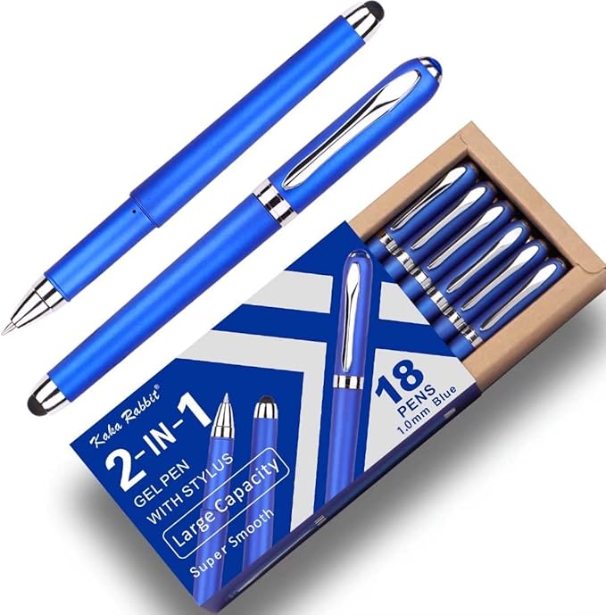 Gel Ink Rollerball Stylus Pen - 18 Pack1.0mm Gel Pen Bold Point2 in 1 Capacitive Stylus PenLarge Capacity Blue InkWriting Smoothly for OfficeBusinessGiftMetal Silver Clip