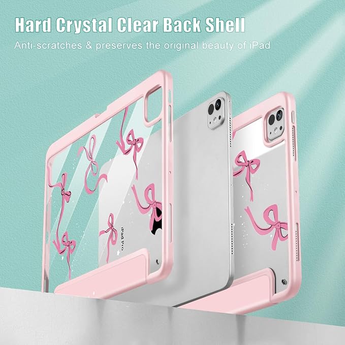 May Chen Case for iPad Pro 11-Inch M5/M4 2025/2024 (6th/5th Generation) Clear Transparent Print Back Shell Slim Stand Shockproof Tablet Cover Auto Wake/Sleep Pink Bows
