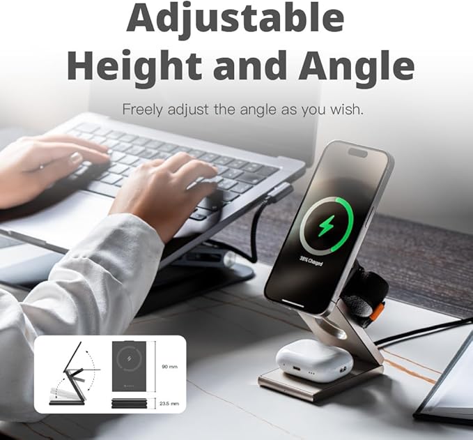 ADAM elements Mag Z 3-in-1 Foldable Travel Charging Station Magnetic Wireless Charger for iPhone 17-12 Apple Watch AirPods &amp Samsung Galaxy Watch Compact Stand for Desk &amp Travel (Titanium)