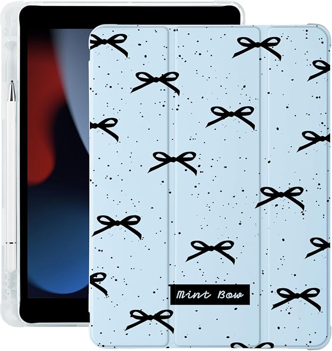 Cute Kawaii Black Bow for iPad Pro 11 Inch Case (M5/M4) 2025/2024 with Pencil Holder Auto Sleep/Wake Blue Leather Soft TPU Back Cover