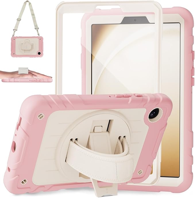Case for Samsung Galaxy Tab A9 Case 8.7 Inch 2023 with 360 Rotating Hand Strap &amp Shoulder StrapProtective Case for Galaxy Tab A9 8.7 Tablet SM-X110/X115/X117 (Pink+White)