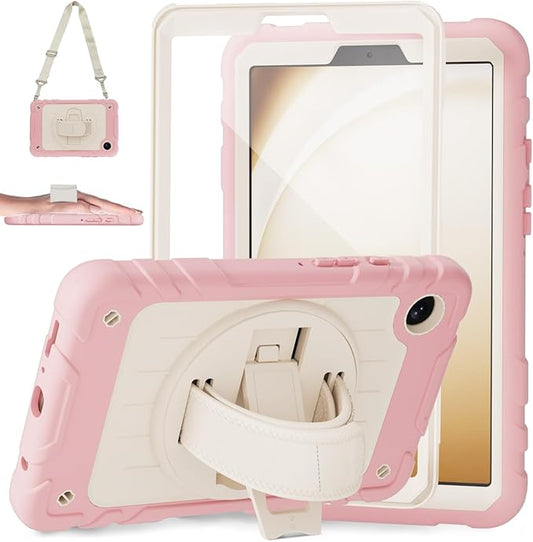 Case for Samsung Galaxy Tab A9 Case 8.7 Inch 2023 with 360 Rotating Hand Strap &amp Shoulder StrapProtective Case for Galaxy Tab A9 8.7 Tablet SM-X110/X115/X117 (Pink+White)