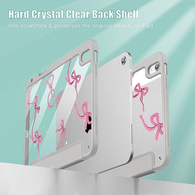 May Chen Case for iPad Air 13 Inch M4 2026 M3 2025 M2 2024 [Built-in Pencil Holder] Shockproof Cover with Clear Transparent Back Shell Auto Sleep/Wake Cover Khaki Bows