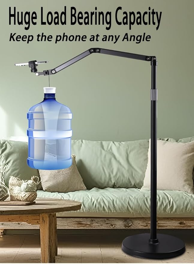 Phone Floor Stand for Recording Cell Phone Holder for Bed Adjustable Tall Stand with Ultra-Long Extension Arm 360° Swivel Compatible with iPhone Samsung and More