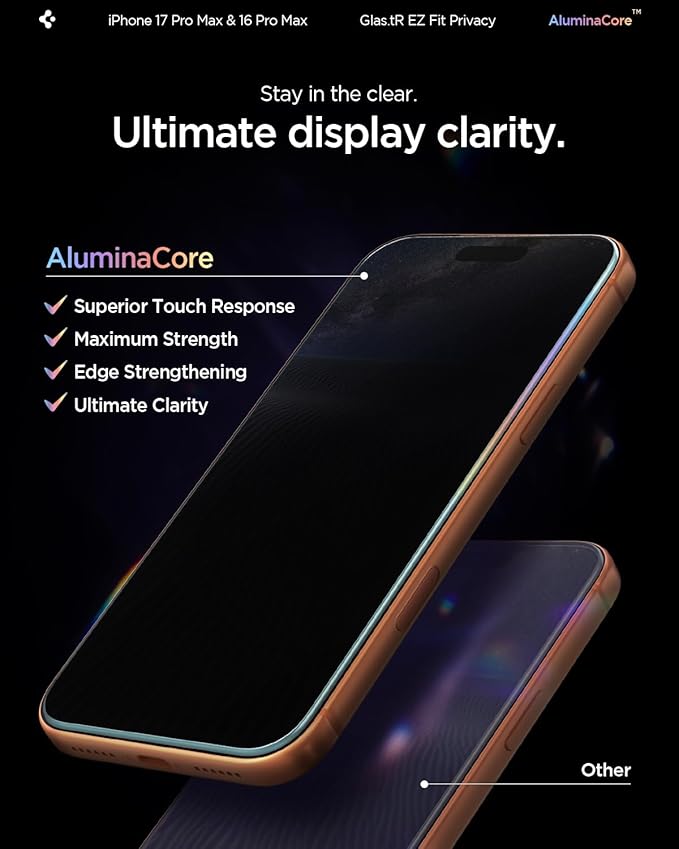 Spigen AluminaCore Tempered Glass Screen Protector [Glas.tR EZ Fit - Privacy] designed for iPhone 17 Pro Max | iPhone 16 Pro Max [2 Pack] 9H+ Hardness Aluminum-Enhanced Durability
