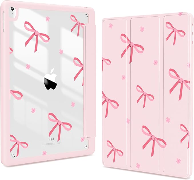 Teryeefi Case for iPad 9th Generation (2021) / 8th Generation (2020) / 7th Gen (2019) 10.2 Inch Kickstand PU + PC Clear Hard Shell Back Cover Protective Case with Built-in Pencil Holder (Pink Bow)
