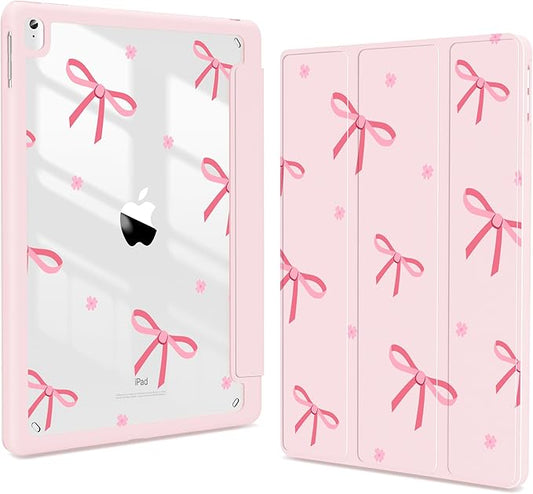 Teryeefi Case for iPad 9th Generation (2021) / 8th Generation (2020) / 7th Gen (2019) 10.2 Inch Kickstand PU + PC Clear Hard Shell Back Cover Protective Case with Built-in Pencil Holder (Pink Bow)