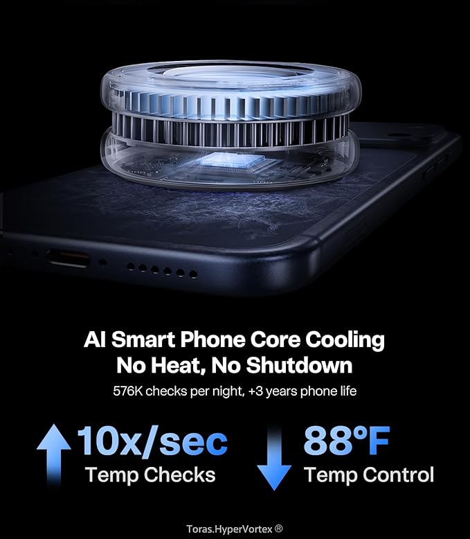 TORRAS PolarCircle Qi2.2 Wireless Charger 25W Cooling Magnetic Pad for Samsung Galaxy S26/S25 Wireless Charger for iPhone 17/16 with 360°Spin Stand Semiconductor Phone Cooler with 45W IceNano Plug