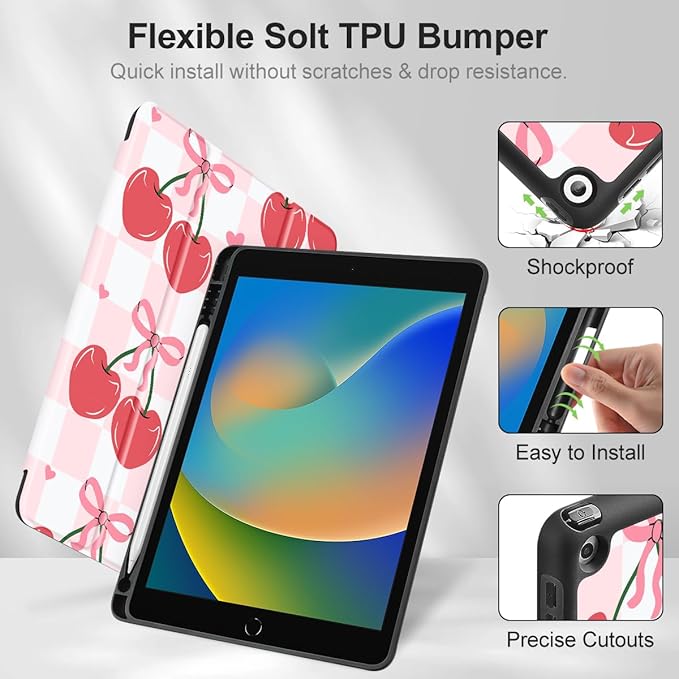 Mektron Designed Printed iPad 10.2 Case 9th Gen (2021)/ 8th Gen (2020)/ 7th Gen (2019) with Pencil Holder Slim Stand Protective Case with Soft TPU Back for iPad 10.2 Inch Cherries Bows C353