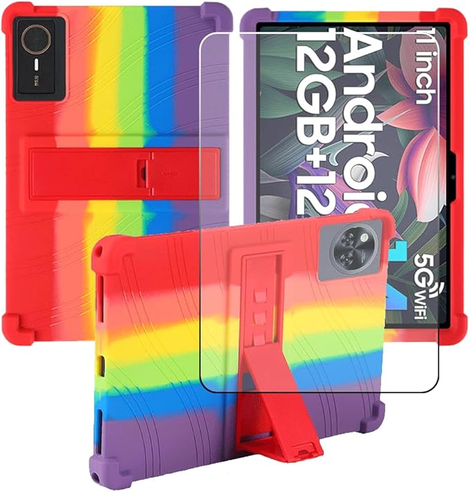 Compatible for ECOPAD T30 10.1 Inch Tablet Case + Screen Protector Tempered Glass Film Soft Silicone Full Coverage Adjustable Stand Protective Tablet Cover Rainbow