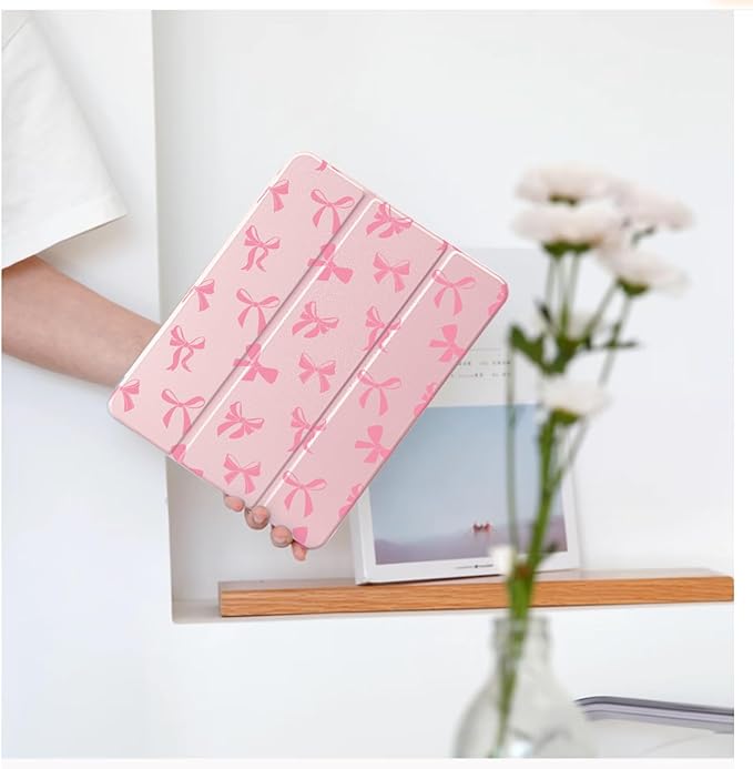 Cute Kawaii Pink Bow for iPad (A16) 11th Generation Case 11 Inch 2025 for iPad 10th Generation Case 10.9 Inch 2022 with Pencil Holder Auto Sleep/Wake Pink Leather Clear Acrylic Back Cover