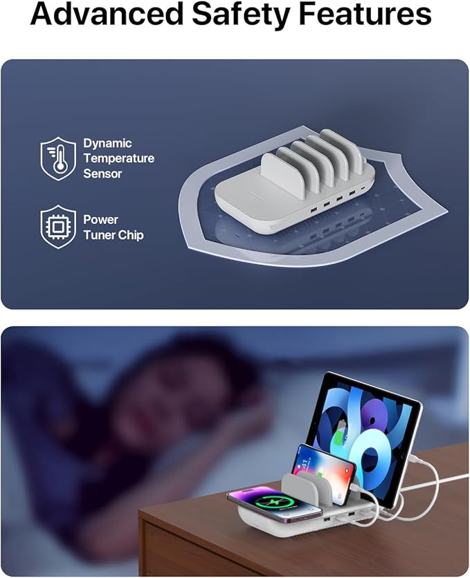 SooPii 70W Charging Station for Multiple Devices5 Port Charging Dock with 15W Wireless Charger 25W USB C PD/PPS Fast Charging for GalaxylPadlPhone 15/14/13/Xs/Max