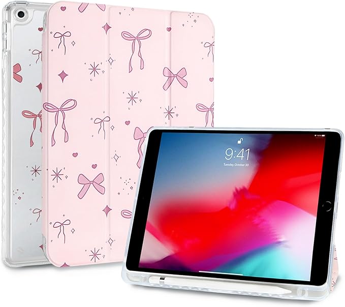 Fycyko Trifold Stand Case for iPad 10.2 InchiPad 9th/8th/7th Generation 2021/2020/2019 Aesthetic Pink Bowknot Ribbon Pattern with Pencil Holder Shockproof Protective CoverRibbon