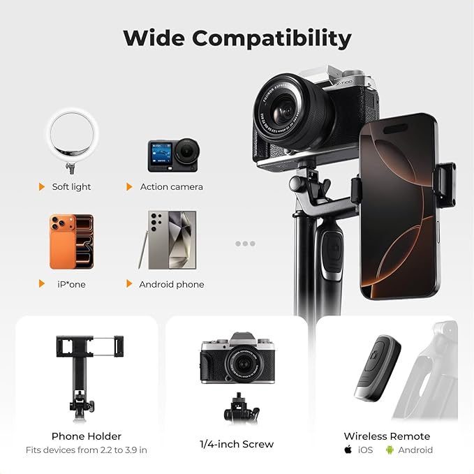 K&ampF CONCEPT 71 Phone Tripod Auto Open Selfie Stick with 4 Legs &amp Stabilizing Handle 360° Rotation Cell Phone Tripod Stand with Wireless Remote Control Compatible with iPhone Android Came