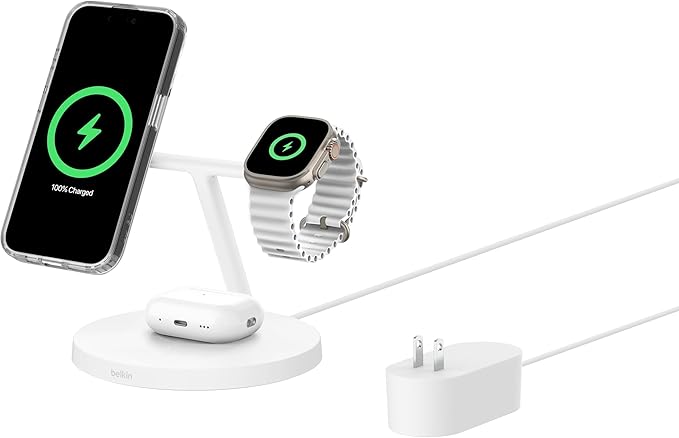 Belkin MagSafe-Compatible Charger 3-in-1 Wireless Charging Station Qi2-Certified 15W Wireless Charge for Apple iPhone 17 Series Apple Watch AirPods w/Non-Slip Base 40W Included - Black