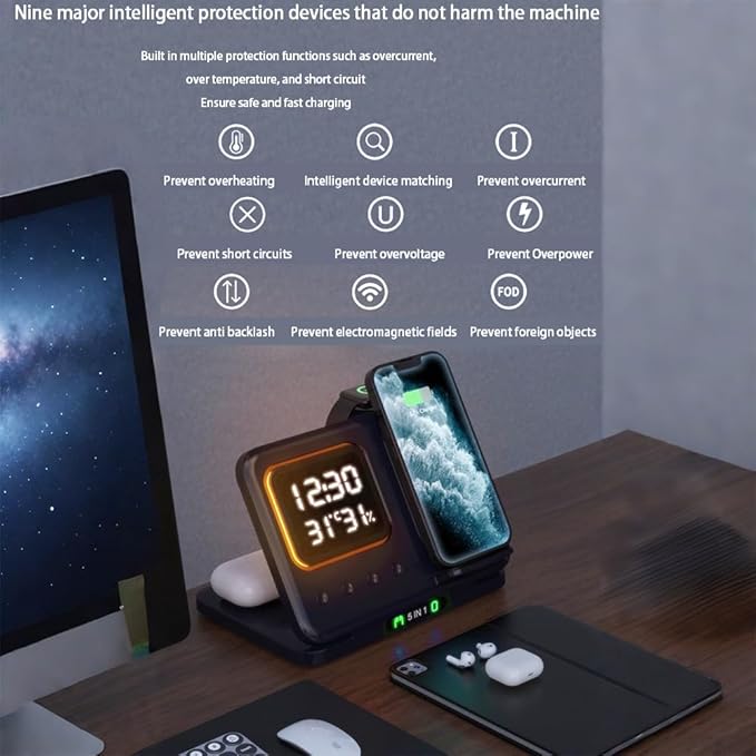 IHAO 5in1 Multi Functional Wireless Charging Station with Digital Clock 15W Fast Charge Night Light Temperature Display Wireless Charger for All Qi Phone and TWS Headphone Compliant with Apple Watch