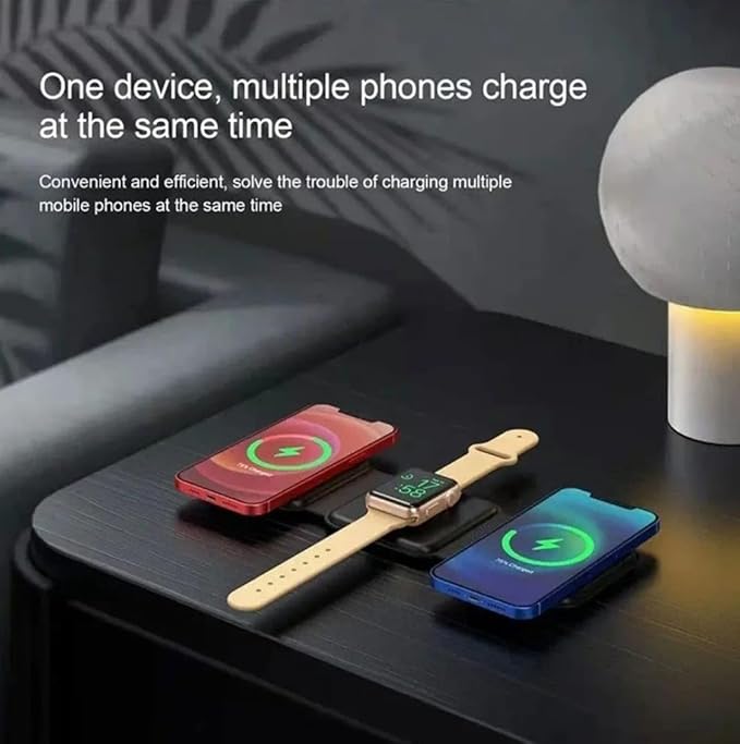 D-Choice 3-in-1 Magnetic Wireless Charger – Compatible with Smartphones Watches and Bluetooth Headphones – 15W Fast Charging Compact Design (Black)