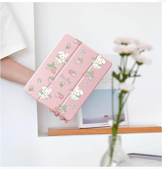 Cute Kawaii Bunny Strawberry for iPad Pro 12.9 Inch Case 5th/6th Generation 2022/2021/2020 with Pencil Holder Auto Sleep/Wake Pink Leather Clear Acrylic Back Cover