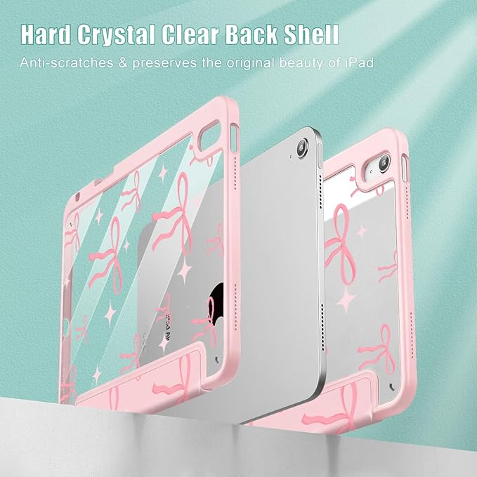 May Chen for iPad Air 11-inch M4/M3/M2 (2026/2025/2024) iPad Air 5th/4th 10.9 Inch - Shockproof Cover with Clear Back Shell &amp Penceil Holder Auto Wake/Sleep Stand Cover Pink Bows P721