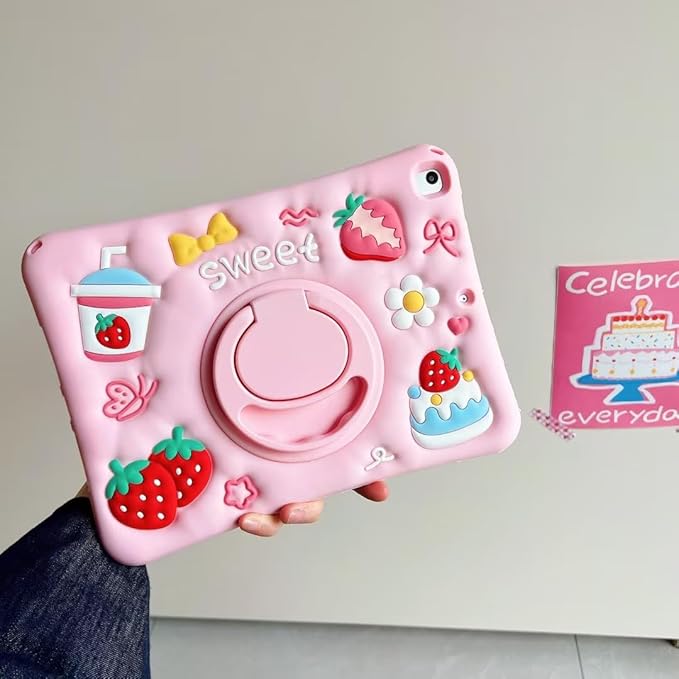 3D Cute Strawberry Cake Juice Case for iPad 9th/8th/7th 10.2 inchKawaii Cartoon Delicious Desserts Soft Silicone Rotating Stand Case with Lanyard for Kids Teens Girls Women