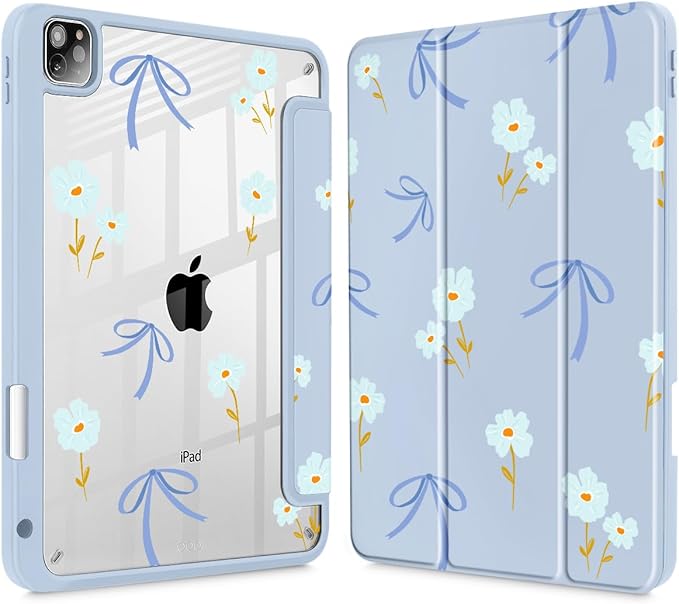 Mektron Case for iPad Pro 11 inch Case M2 2022 Generation 4th Fit 2021 2020 2018 iPad Pro 11 (3rd 2nd &amp 1st Gen) -Buit in Pencil Holder with Shockproof Cover Clear Shell Blue Bows &amp Flower