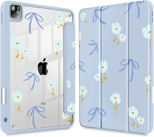 Mektron Case for iPad Pro 11 inch Case M2 2022 Generation 4th Fit 2021 2020 2018 iPad Pro 11 (3rd 2nd &amp 1st Gen) -Buit in Pencil Holder with Shockproof Cover Clear Shell Blue Bows &amp Flower