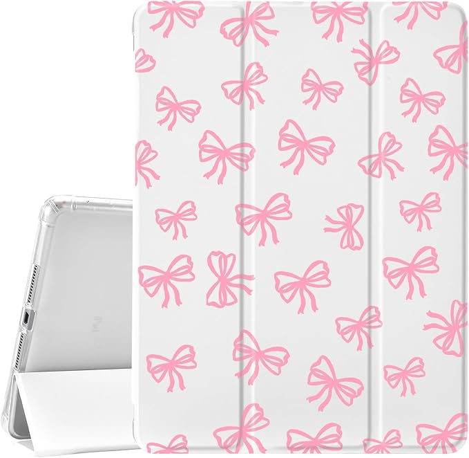 JOYLAND Girly Bow Pad Case for iPad 5th/6th Generation - White with Pencil Holder Auto Wake/Sleep Anti-Scratch Shockproof Premium Folio Stand for iPad 9.7 Inch