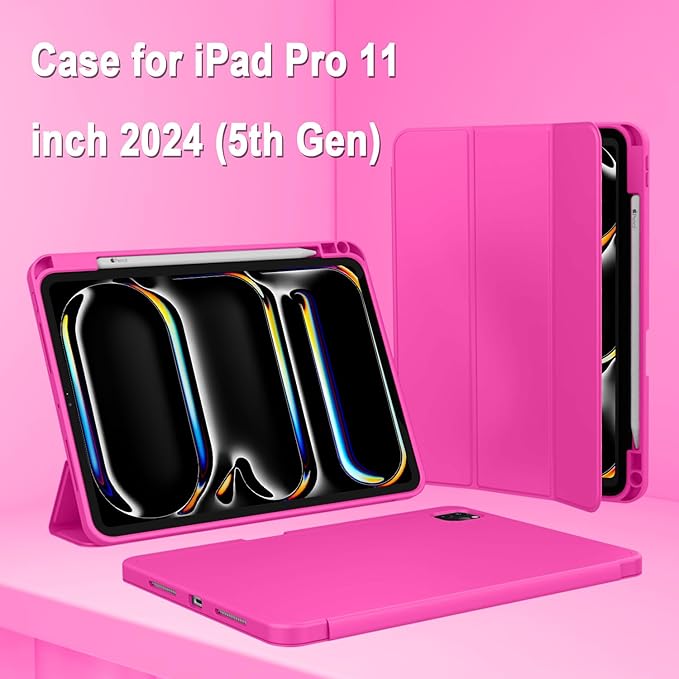ZryXal iPad Pro 11 Inch Case (M5) 2025/ (M4) 2024 (Model: A2836/A2837/A3006) Trifold Stand Smart Cover with Pencil Holder and Soft TPU Back Auto Wake/Sleep (Rose Red)