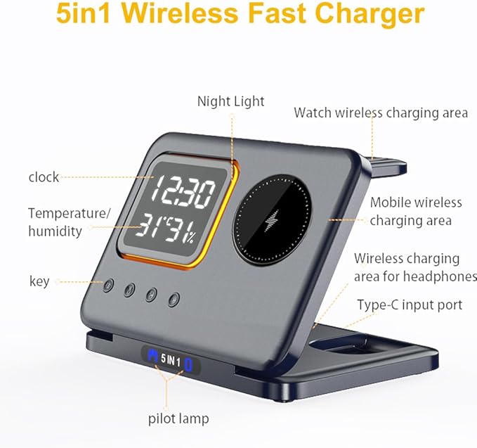 IHAO 5in1 Multi Functional Wireless Charger with Digital Clock 15W Fast Charge Night Light Temperature Display MagSafe Compliant for iPhone iWatch and Qi Headphone-DH13 White