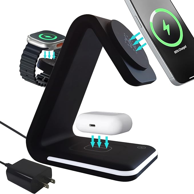 Magnetic Wireless Charger 3 in 1 Charging Station with Nightlight for Apple Magsafe iPhone 16/15/14/13/12 iWatch Series AirPods Charger Stand(15W Adapter)