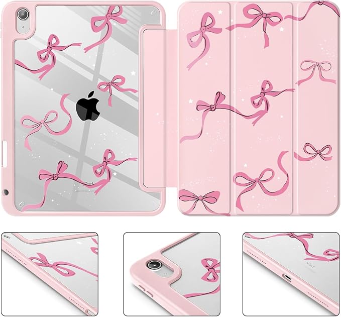 May Chen for iPad Air 11-inch M4/M3/M2 (2026/2025/2024) iPad Air 5th/4th 10.9 Inch - Shockproof Cover with Clear Back Shell &amp Penceil Holder Auto Wake/Sleep Stand Cover Pink Bows