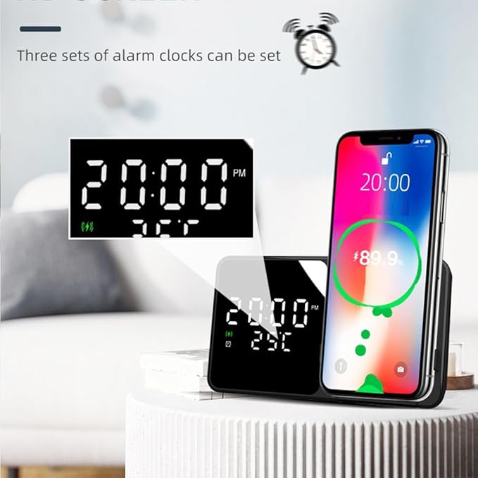 IHAO Multifunctional Alarm Clock with Wireless Charging for Phone 15W Fast Charger Large LED Display Temperature Phone Bracket for Bedside &amp Desk-W5 White