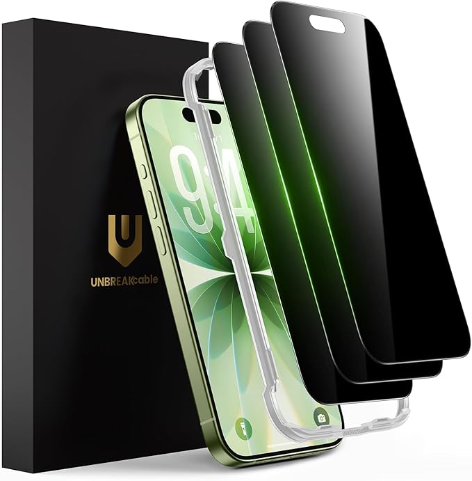 UNBREAKcable Privacy Screen Protector for iPhone 17 (6.3) 25° Anti-Spy Tempered Glass Easy Install Alignment Frame Case-Friendly 9H Hardness Anti-Fingerprint 3-Pack