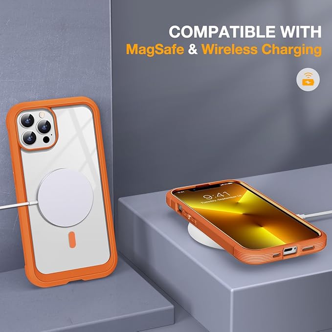 Miracase for iPhone 13 Pro Case 6.1with MagSafeBuilt in Screen ProtectorFull-Body Protection(Orange)