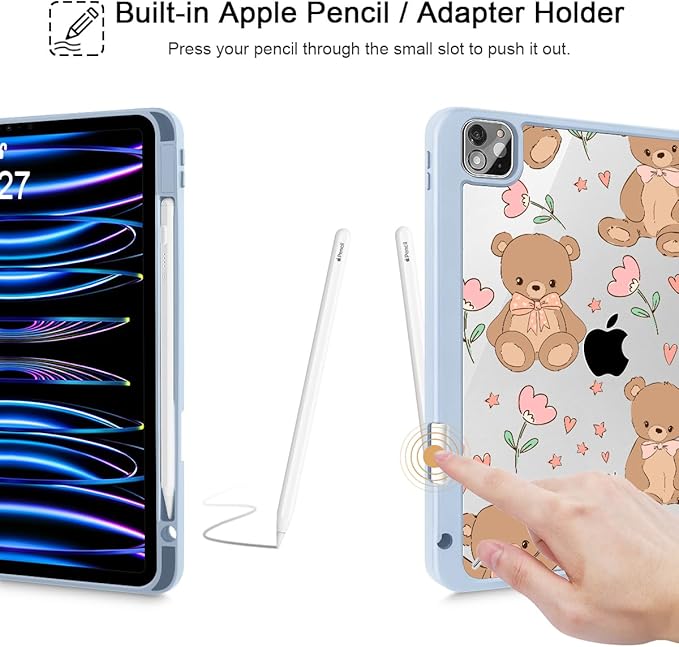 May Chen for iPad Pro 11 inch M2 4th Generation 2022 iPad Pro 11 3rd/2nd/1st Gen Built-in Pencil Holder with Shockproof Cover Clear Transparent Back Shell Auto Wake/Sleep Cute Teddy Bear