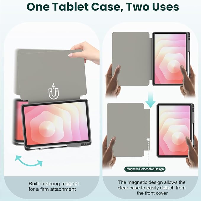for Samsung Galaxy Tab S11 Tablet CaseMagnetic Split Acrylic Case– with Pen SlotPU Leather Material Detachable StandSlim Protective Cover for S11Shockproof &amp Scratch-ResistantLightweight[Gra