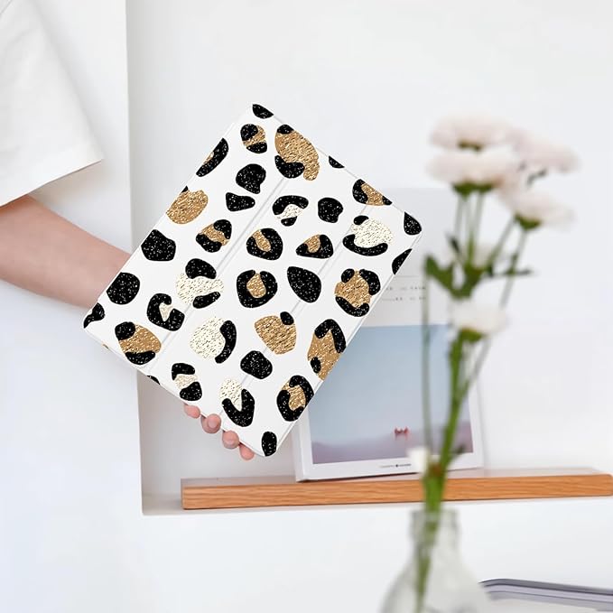 Cute Leopard Print for iPad Air 13 Inch Case M3 2025/M2 2024 with Pencil Holder Auto Sleep/Wake White Leather Soft TPU Back Cover