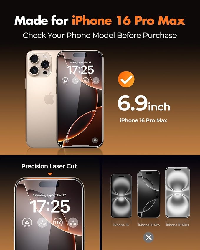 UNBREAKcable for iPhone 16 Pro Max Screen Protector 4+2 Pack [9H+ Military-Grade Shatterproof] [Effortless Bubble-Free Installation] Ultra HD Clarity Tempered Glass with Lens Protector Case friendly
