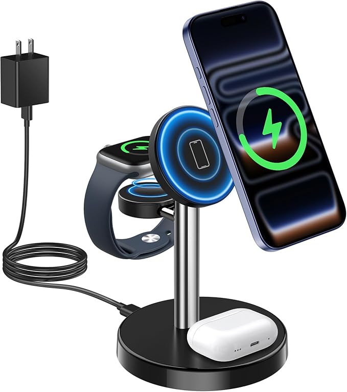 2026 3 in 1 Wireless Charging Station Compatible with MagSafe 15W Fast Magnetic Mag-Safe Charger Stand for Apple iPhone 17 16 15 14 13 12 Series iWatch AirPods Pro 4 3 2 SilverBlack 1 Pack