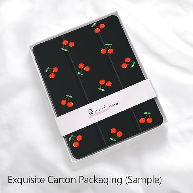 Cute Kawaii Cherry for iPad Pro 11 Inch Case 4th/3rd/2nd Generation 2022/2021/2020 with Pencil Holder Auto Sleep/Wake Black Leather Soft TPU Back Cover