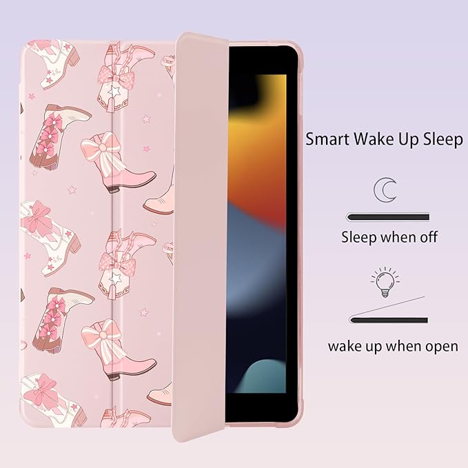 Cute Cowgirl Boots Ribbon Bow for iPad Pro 11 Inch Case (M5/M4) 2025/2024 with Pencil Holder Auto Sleep/Wake Pink Leather Soft TPU Back Cover
