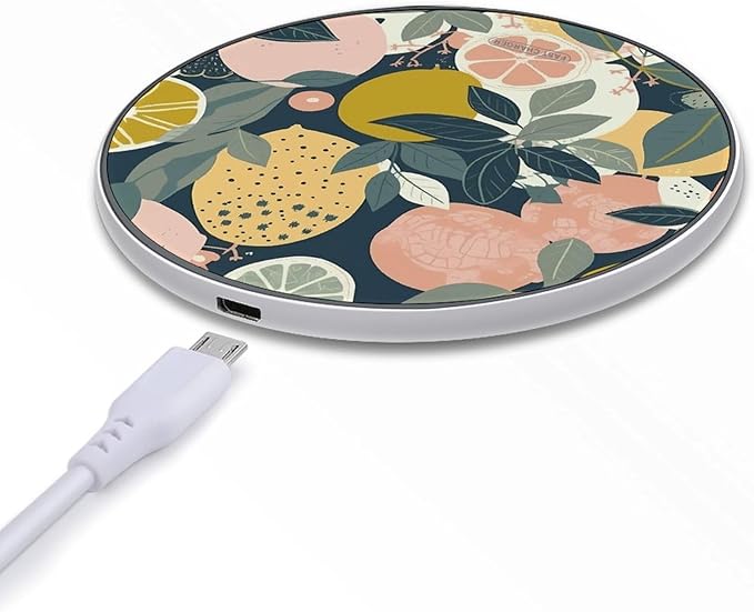 Lemon Citrus Pattern Wireless Charger Fast Wireless Charging Pad with USB Cable 10W Anti-Slip Magnetic Wireless Charger Portable Slim Charger Puck Travel Charging Station