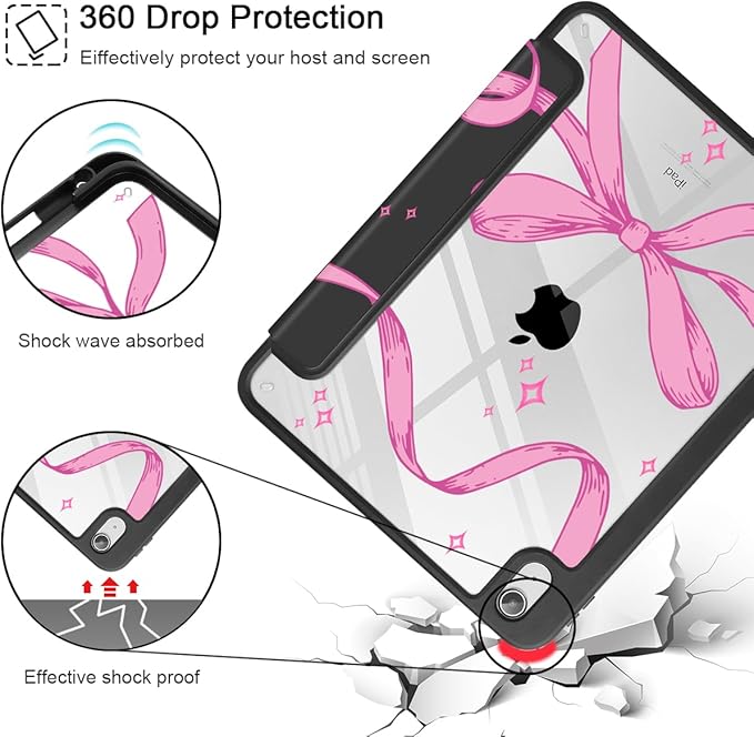 Tuiklol Case for iPad 11 inch (A16 Chip) 2025 Generation 11th / iPad 10.9 inch 2022 10th Gen Buit in Pencil Holder with Shockproof Cover Clear Transparent Back Shell Auto Wake/Sleep Bow-Black