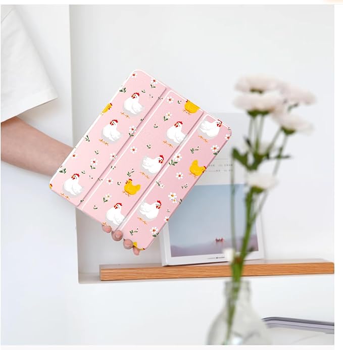 Cute Kawaii Chicken Flower for iPad Air 11 Inch Case 7th/6th Generation (M3/M2) 2025/2024 with Pencil Holder Auto Sleep/Wake Pink Leather Clear Acrylic Back Cover