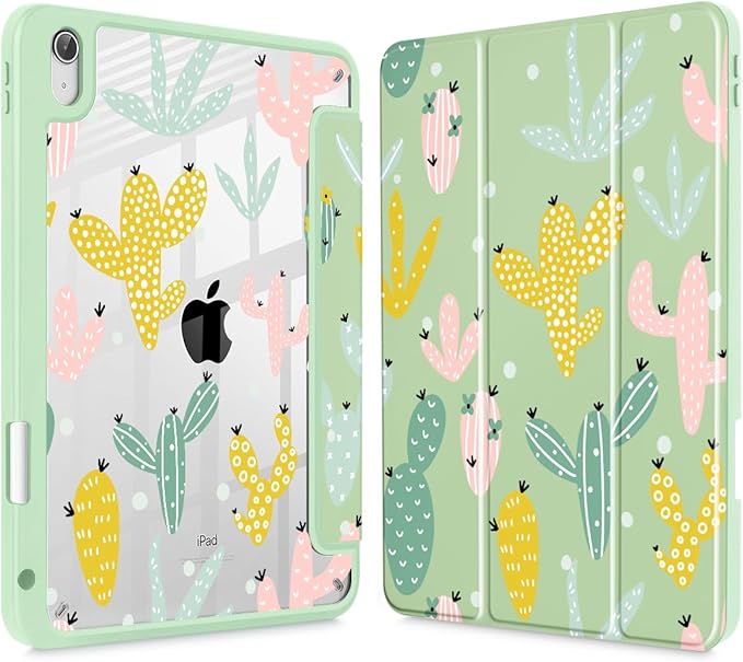 Case for iPad 11 inch A16 2025 Generation 11th / iPad 10.9 inch 2022 10th Gen Buit in Pencil Holder with Shockproof Cover Clear Transparent Back Shell Auto Wake/Sleep Cute Cacti-Green