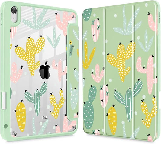 Case for iPad 11 inch A16 2025 Generation 11th / iPad 10.9 inch 2022 10th Gen Buit in Pencil Holder with Shockproof Cover Clear Transparent Back Shell Auto Wake/Sleep Cute Cacti-Green