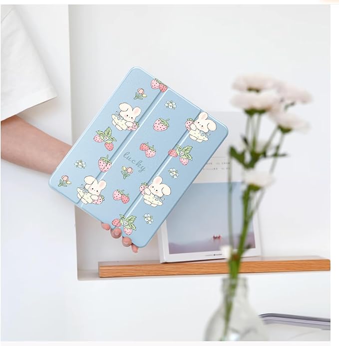 Cute Kawaii Bunny Strawberry for iPad (A16) 11th Generation Case 11 Inch 2025 for iPad 10th Generation Case 10.9 Inch 2022 with Pencil Holder Auto Sleep/Wake Blue Leather Clear Acrylic Back Cover