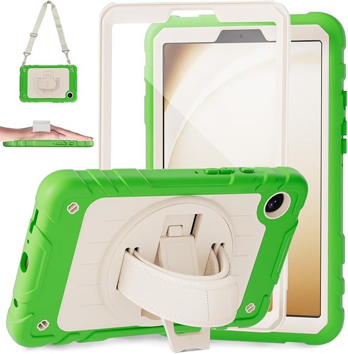 Case for Samsung Galaxy Tab A9 Case 8.7 Inch 2023 with 360 Rotating Hand Strap &amp Shoulder StrapProtective Case for Galaxy Tab A9 8.7 Tablet SM-X110/X115/X117 (Green+White)